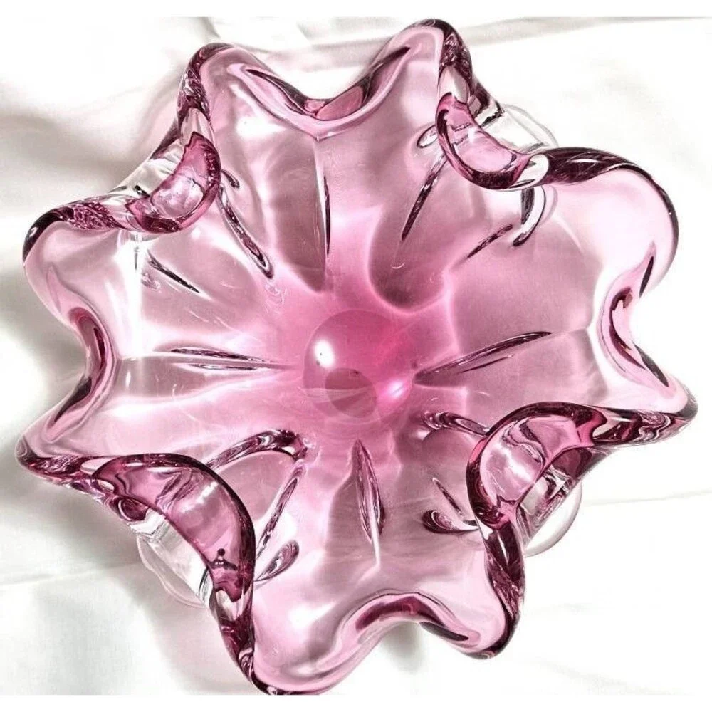 Murano Glass Pink Bowl Alfredo Barbini Flower Shaped vase/Italy